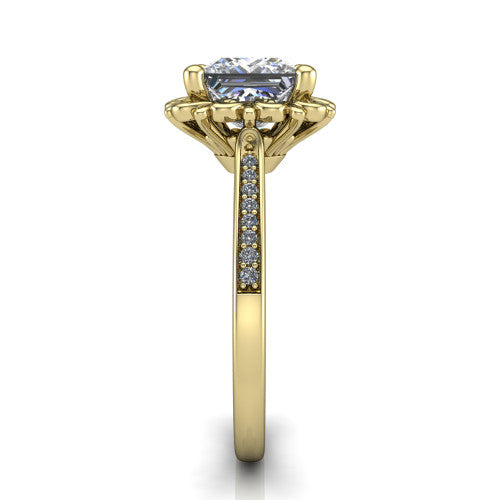 Eden princess solitaire engagement ring in 14K Yellow Gold with vintage floral filigree frame and pavé band, side profile showing the pavé band and filigree gallery