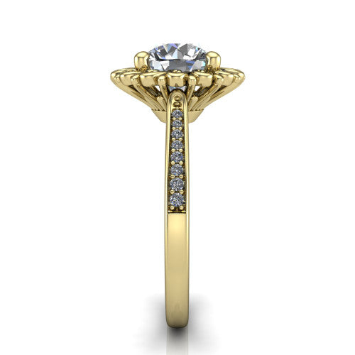 Eden round solitaire engagement ring in 14K Yellow Gold with vintage floral filigree frame and pavé band, side profile showing the pavé band and filigree gallery