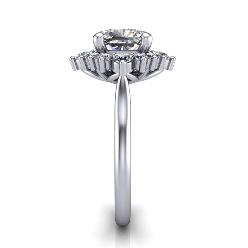 Hailey cushion halo engagement ring in 18K White Gold with vintage starburst cluster halo, side profile showing the plain band and raised cluster halo