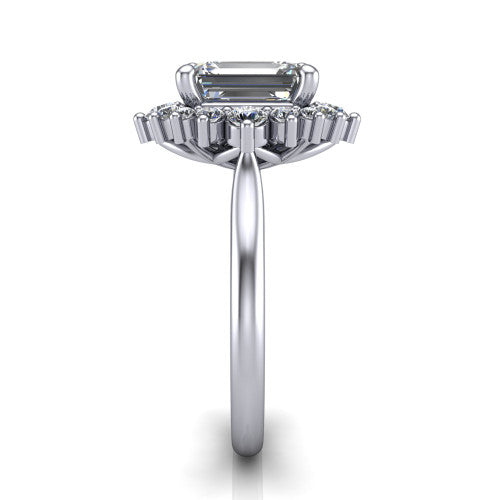 Hailey emerald halo engagement ring in Platinum with vintage starburst cluster halo, side profile showing the plain band and raised cluster halo