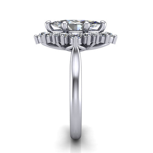 Hailey marquise halo engagement ring in 18K White Gold with vintage starburst cluster halo, side profile showing the plain band and raised cluster halo