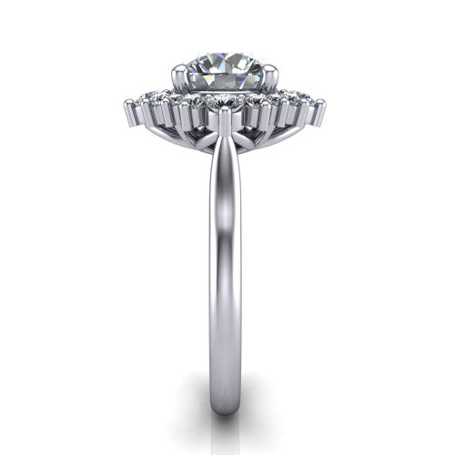 Hailey round halo engagement ring in 18K White Gold with vintage starburst cluster halo, side profile showing the plain band and raised cluster halo