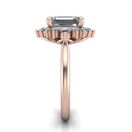 Hailey emerald halo engagement ring in 18K Rose Gold with vintage starburst cluster halo, side profile showing the plain band and raised cluster halo
