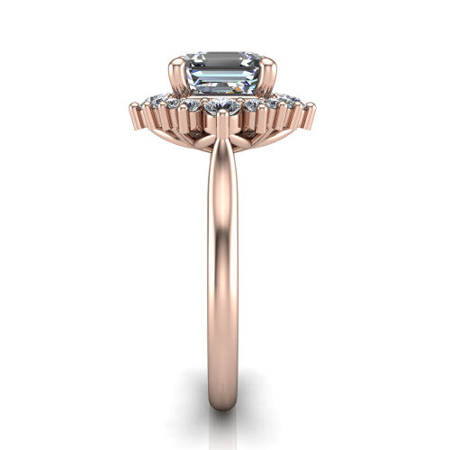 Hailey asscher halo engagement ring in 14K Rose Gold with vintage starburst cluster halo, side profile showing the plain band and raised cluster halo
