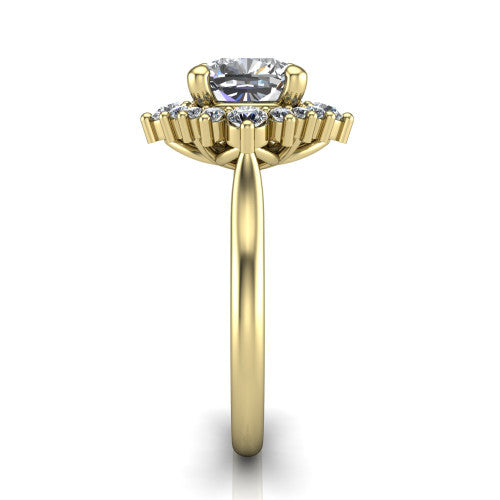 Hailey cushion halo engagement ring in 18K Yellow Gold with vintage starburst cluster halo, side profile showing the plain band and raised cluster halo