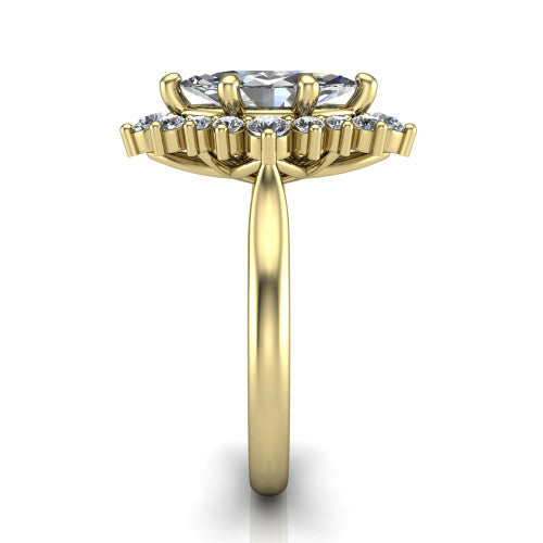 Hailey marquise halo engagement ring in 18K Yellow Gold with vintage starburst cluster halo, side profile showing the plain band and raised cluster halo