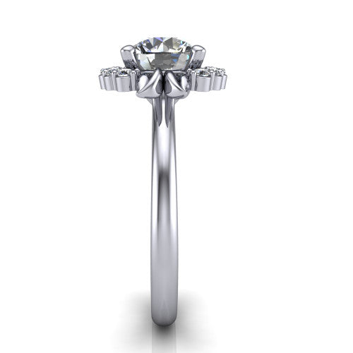 Ayla round halo engagement ring in 14K White Gold with squared pavé halo and split-claw prongs, side profile showing the plain cathedral band