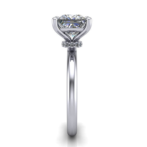 Quinn princess solitaire engagement ring in 18K White Gold with hidden halo and plain band, side profile showing the plain band and hidden halo