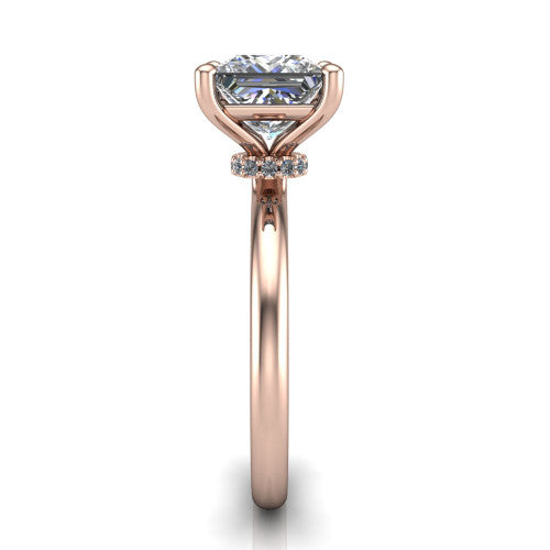 Quinn princess solitaire engagement ring in 18K Rose Gold with hidden halo and plain band, side profile showing the plain band and hidden halo