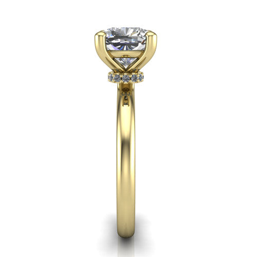 Quinn cushion solitaire engagement ring in 18K Yellow Gold with hidden halo and plain band, side profile showing the plain band and hidden halo
