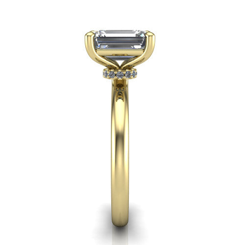 Quinn asscher solitaire engagement ring in 14K Yellow Gold with hidden halo and plain band, side profile showing the plain band and hidden halo