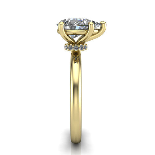 Quinn pear solitaire engagement ring in 14K Yellow Gold with hidden halo and plain band, side profile showing the plain band and hidden halo