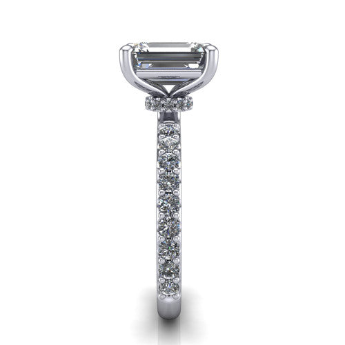 Clara emerald pavé engagement ring in 14K White Gold with hidden halo and micro-pavé band, side profile showing the hidden halo and pavé band