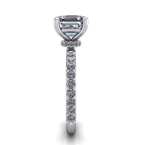 Clara asscher pavé engagement ring in 18K White Gold with hidden halo and micro-pavé band, side profile showing the hidden halo and pavé band