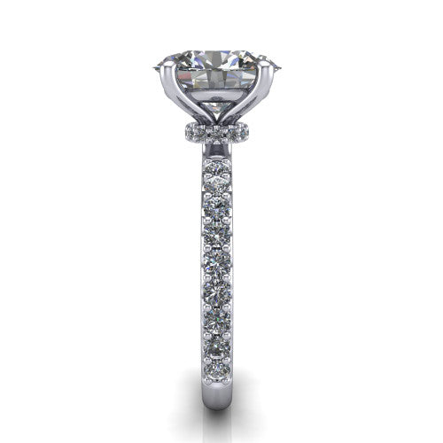 Clara oval pavé engagement ring in 18K White Gold with hidden halo and micro-pavé band, side profile showing the hidden halo and pavé band
