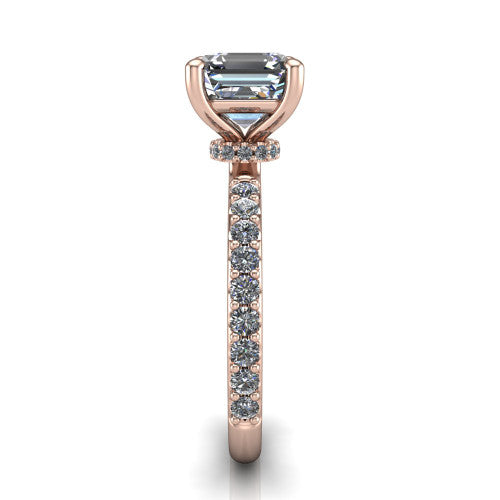 Clara asscher pavé engagement ring in 18K Rose Gold with hidden halo and micro-pavé band, side profile showing the hidden halo and pavé band