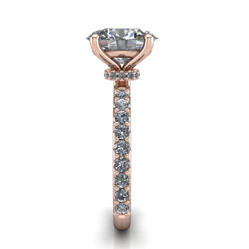 Clara oval pavé engagement ring in 14K Rose Gold with hidden halo and micro-pavé band, side profile showing the hidden halo and pavé band