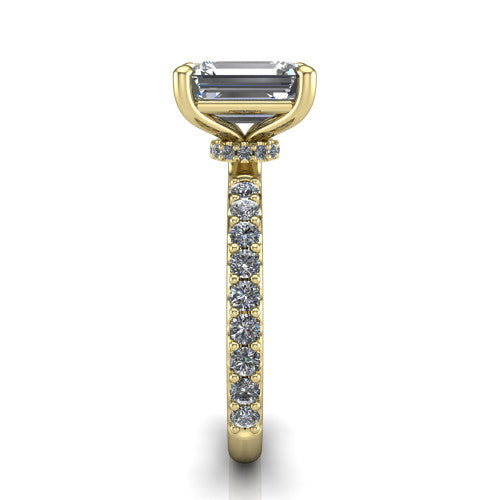 Clara emerald pavé engagement ring in 18K Yellow Gold with hidden halo and micro-pavé band, side profile showing the hidden halo and pavé band