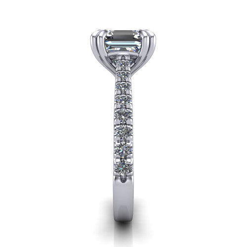 Paisley asscher solitaire engagement ring in 18K White Gold with double-prong head and pavé band, side profile showing the three-sided pavé band and open under-gallery