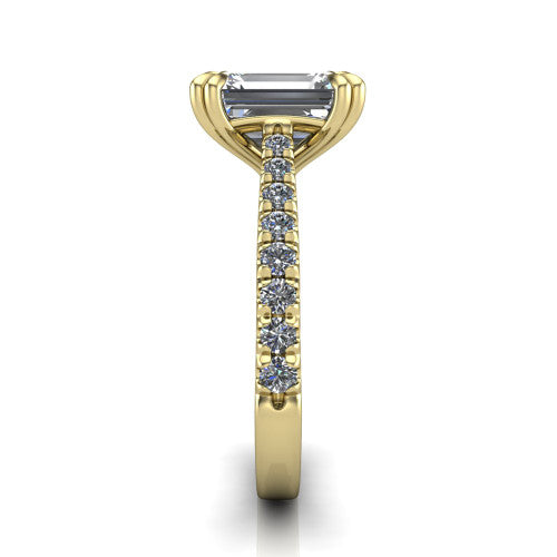 Paisley emerald solitaire engagement ring in 14K Yellow Gold with double-prong head and pavé band, side profile showing the three-sided pavé band and open under-gallery