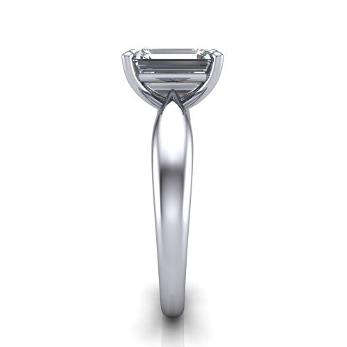 Natalie emerald solitaire engagement ring in 14K White Gold on a tapered plain band, side profile showing the tapered plain band and bypass gallery