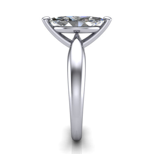 Natalie marquise solitaire engagement ring in Platinum on a tapered plain band, side profile showing the tapered plain band and bypass gallery