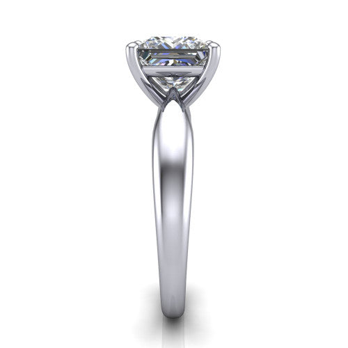 Natalie princess solitaire engagement ring in Platinum on a tapered plain band, side profile showing the tapered plain band and bypass gallery
