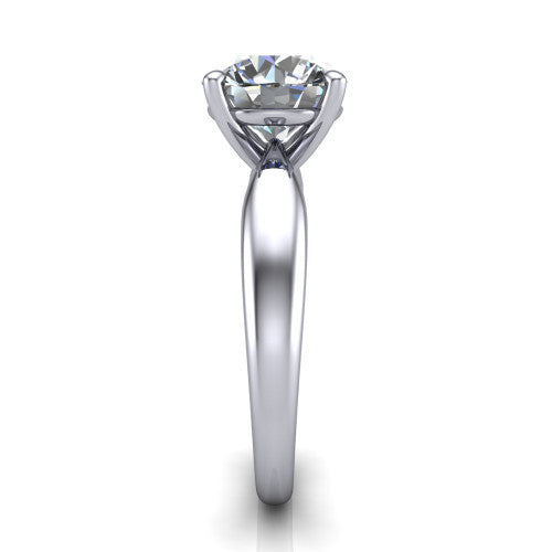 Natalie round solitaire engagement ring in 18K White Gold on a tapered plain band, side profile showing the tapered plain band and bypass gallery