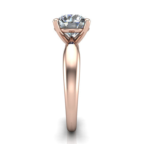 Natalie round solitaire engagement ring in 18K Rose Gold on a tapered plain band, side profile showing the tapered plain band and bypass gallery