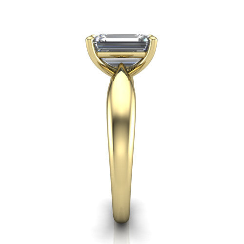 Natalie emerald solitaire engagement ring in 14K Yellow Gold on a tapered plain band, side profile showing the tapered plain band and bypass gallery
