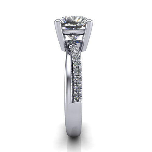 Everly cushion solitaire engagement ring in 14K White Gold with micro-pavé band, side profile showing the crossover pavé band and open under-gallery
