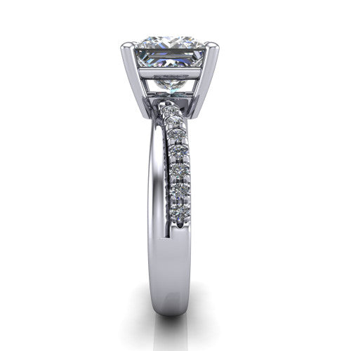 Everly princess solitaire engagement ring in 18K White Gold with micro-pavé band, side profile showing the crossover pavé band and open under-gallery