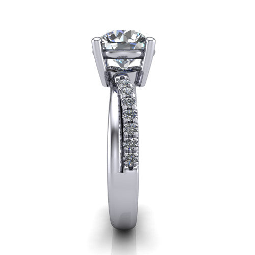 Everly round solitaire engagement ring in 14K White Gold with micro-pavé band, side profile showing the crossover pavé band and open under-gallery