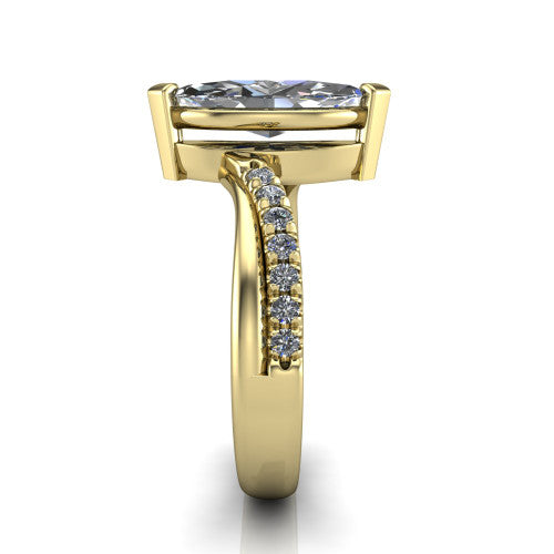 Everly marquise solitaire engagement ring in 14K Yellow Gold with micro-pavé band, side profile showing the crossover pavé band and open under-gallery