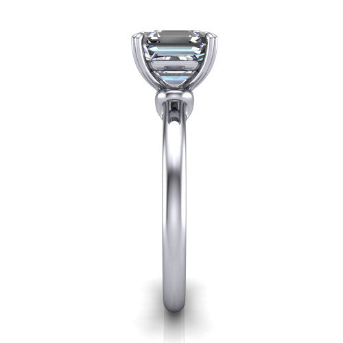 Leilani asscher solitaire engagement ring in Platinum with double-prong head on a plain band, side profile showing the plain band and sculpted knot gallery