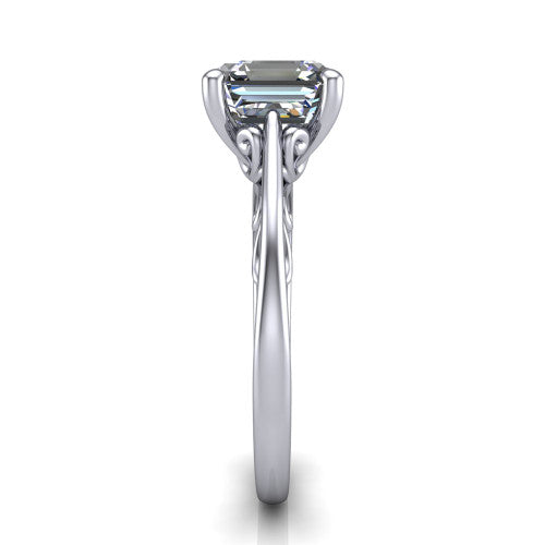Genesis asscher vintage solitaire engagement ring in Platinum with filigree scrollwork band, side profile showing the scrolled filigree under-gallery