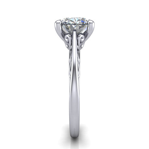 Genesis oval vintage solitaire engagement ring in 14K White Gold with filigree scrollwork band, side profile showing the scrolled filigree under-gallery