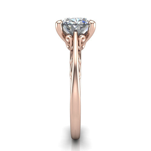 Genesis oval vintage solitaire engagement ring in 18K Rose Gold with filigree scrollwork band, side profile showing the scrolled filigree under-gallery