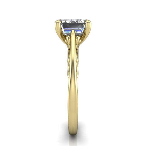 Genesis emerald vintage solitaire engagement ring in 14K Yellow Gold with filigree scrollwork band, side profile showing the scrolled filigree under-gallery