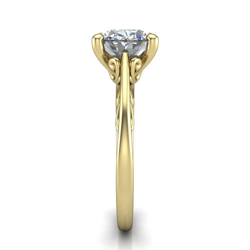 Genesis oval vintage solitaire engagement ring in 14K Yellow Gold with filigree scrollwork band, side profile showing the scrolled filigree under-gallery