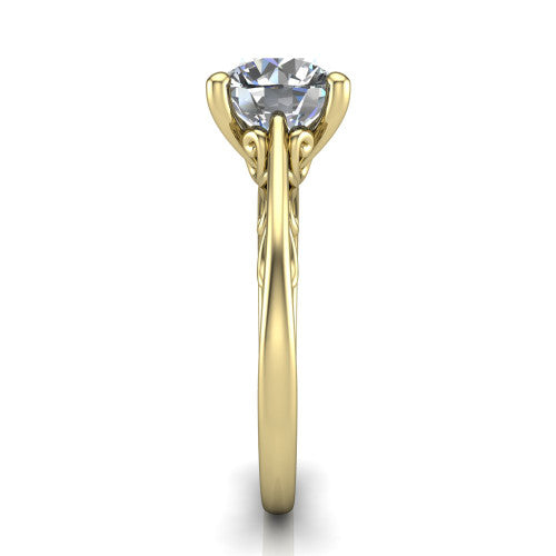 Genesis round vintage solitaire engagement ring in 14K Yellow Gold with filigree scrollwork band, side profile showing the scrolled filigree under-gallery