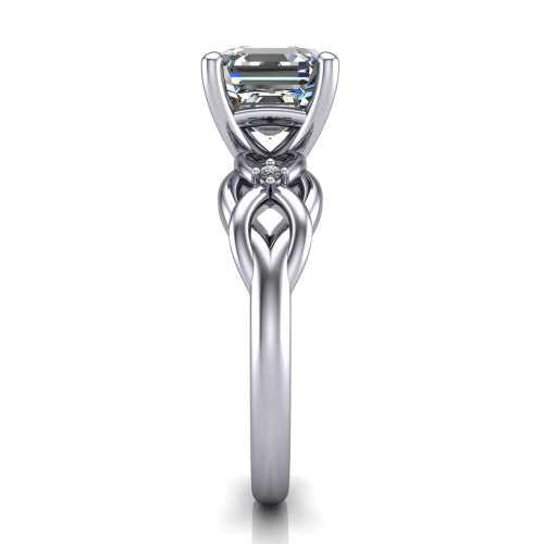 Josephine asscher love-knot engagement ring in Platinum with braided band, side profile showing the braided love-knot band and knot gallery