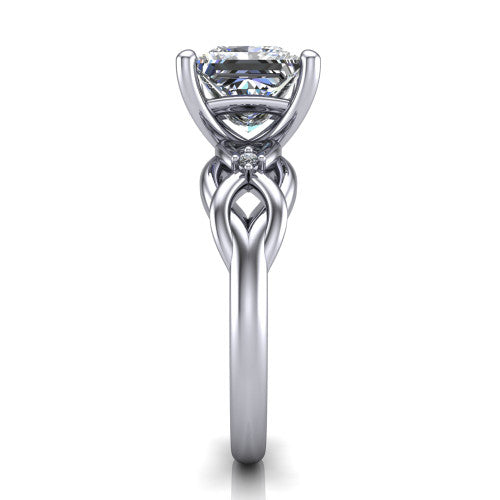 Josephine princess love-knot engagement ring in Platinum with braided band, side profile showing the braided love-knot band and knot gallery