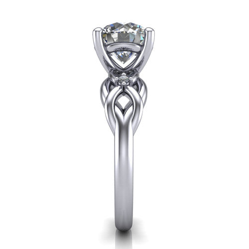 Josephine round love-knot engagement ring in Platinum with braided band, side profile showing the braided love-knot band and knot gallery
