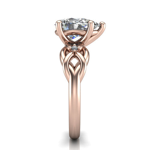 Josephine pear love-knot engagement ring in 14K Rose Gold with braided band, side profile showing the braided love-knot band and knot gallery