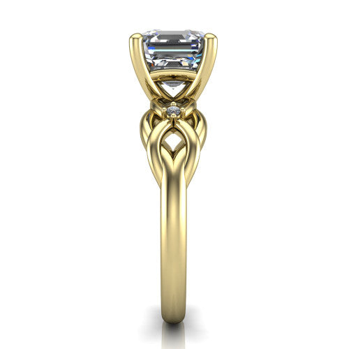 Josephine asscher love-knot engagement ring in 14K Yellow Gold with braided band, side profile showing the braided love-knot band and knot gallery