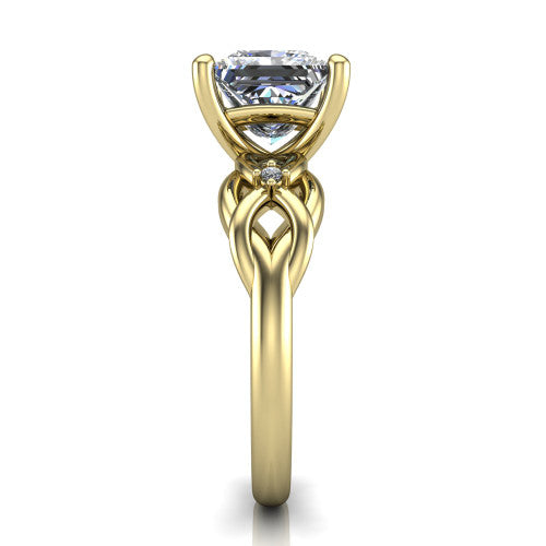 Josephine princess love-knot engagement ring in 18K Yellow Gold with braided band, side profile showing the braided love-knot band and knot gallery