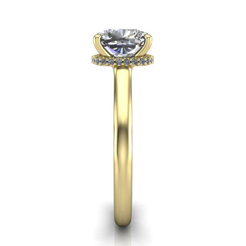 Skylar cushion hidden halo engagement ring in 14K Yellow Gold with plain band, side profile showing the hidden halo and plain band