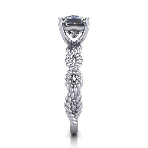Sarah cushion rope solitaire engagement ring in 14K White Gold with twisted cable band, side profile showing the braided rope-twist band