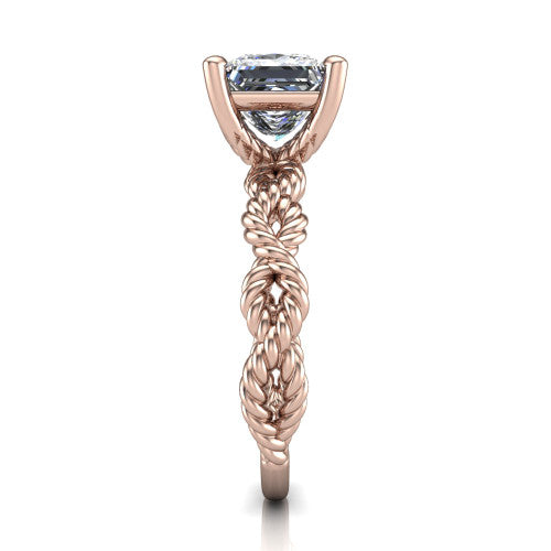 Sarah princess rope solitaire engagement ring in 14K Rose Gold with twisted cable band, side profile showing the braided rope-twist band